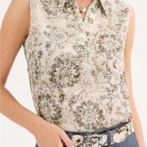 CAbi Floral Collared Blouse - Cream and Green